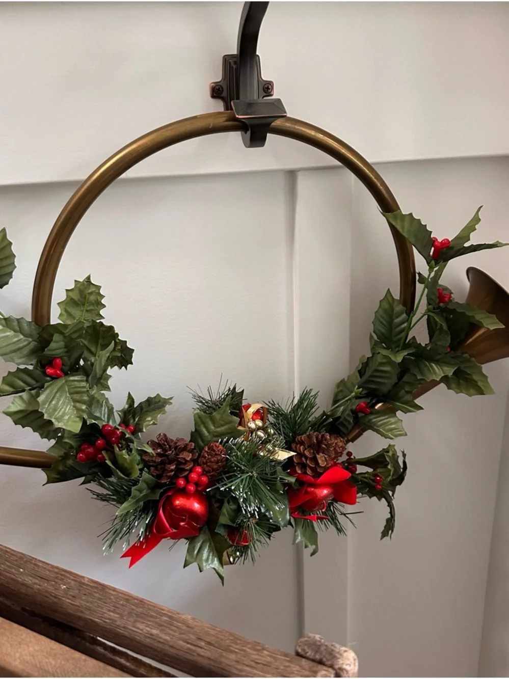 Large Holiday Brass French Horn Wreath Holly Berry Pine Accents Christmas Wreath